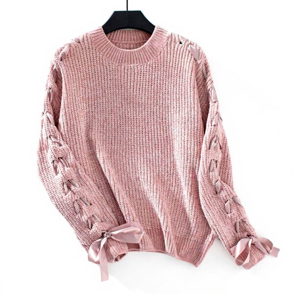 Pullover Damen mit Schleife Strickjacke lang lässig Winter