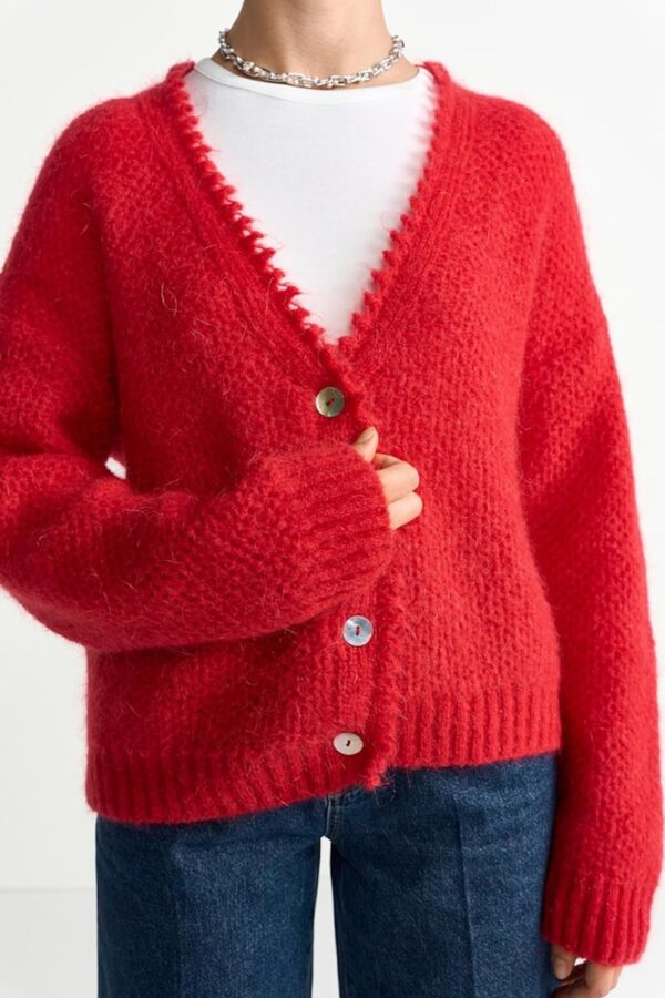 RICHROYAL Strickpullover V-Ausschnitt Mohair Wolle Rot M-3