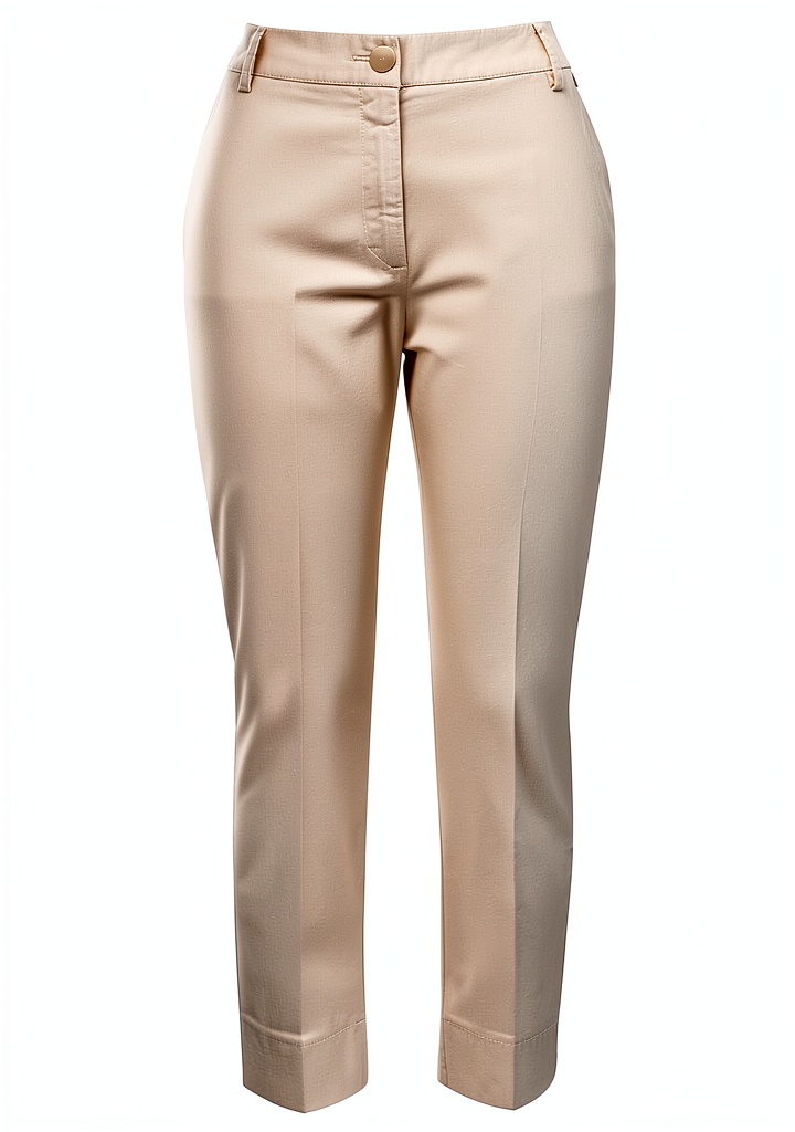 'rich&royal Damen Chino Hose in Beige und Grün auf einem Stuhl'
