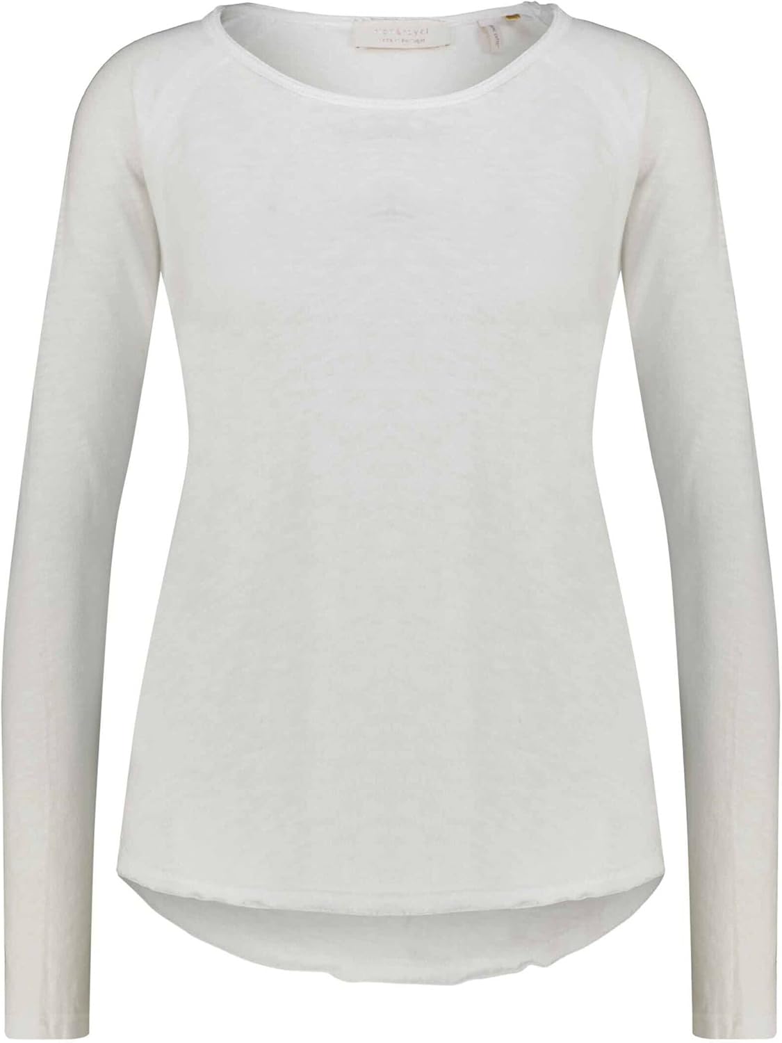 Rich Royal Damen Langarmshirt Weiß XS Pullover auf einem Holztisch liegend, neben einer Messschieberanzeige, um die Stoffdicke zu zeigen