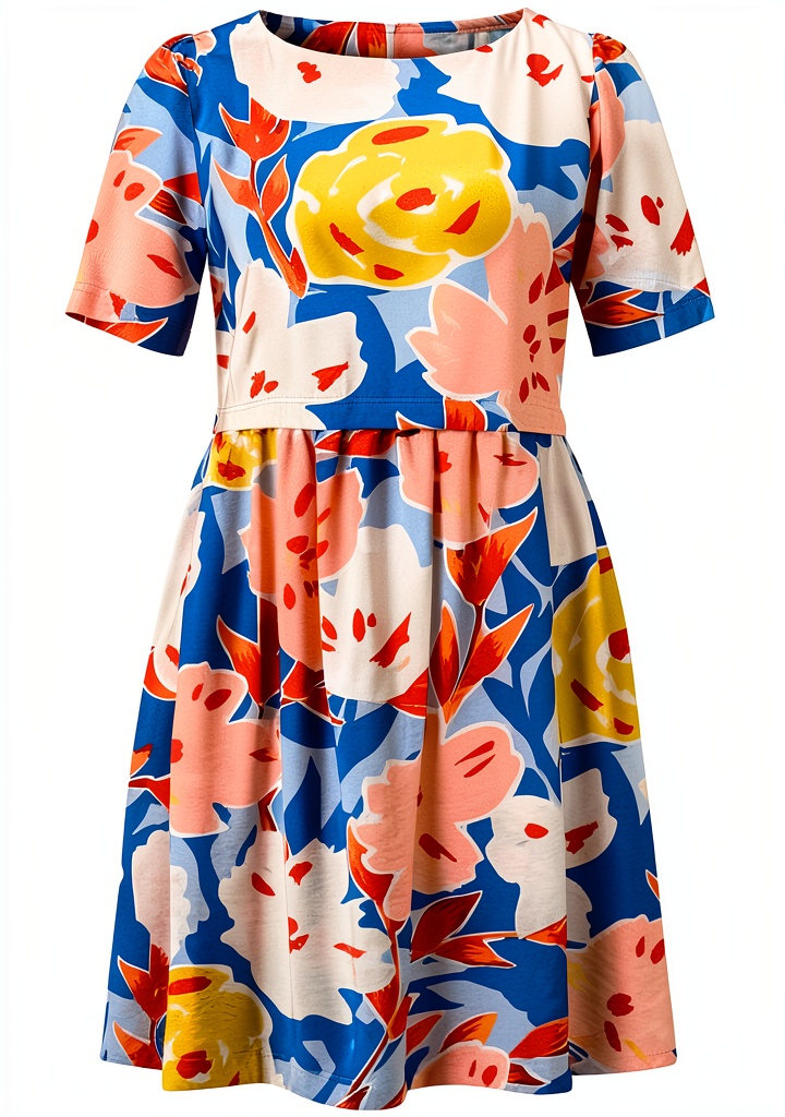 Rich Royal Mini Dress in Azurblau mit blumigem Druck an einer Modellpuppe
