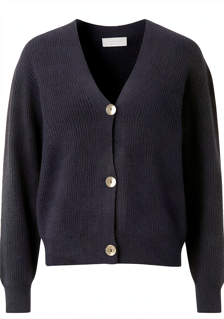 Rich Royal Cardigan Rippstrick Damen Blau kombiniert mit Jeans und T-Shirt für einen lässigen Wochenend-Look