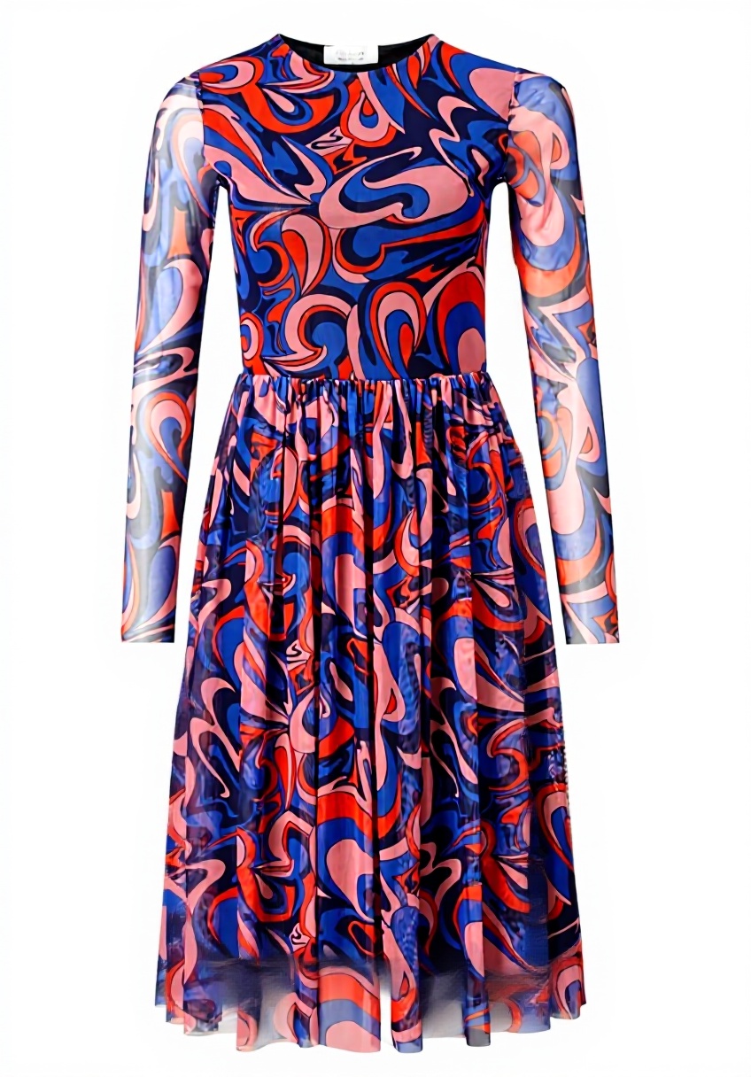 Rich Royal Damen Kleid in blau und orange Farben an einem Modell