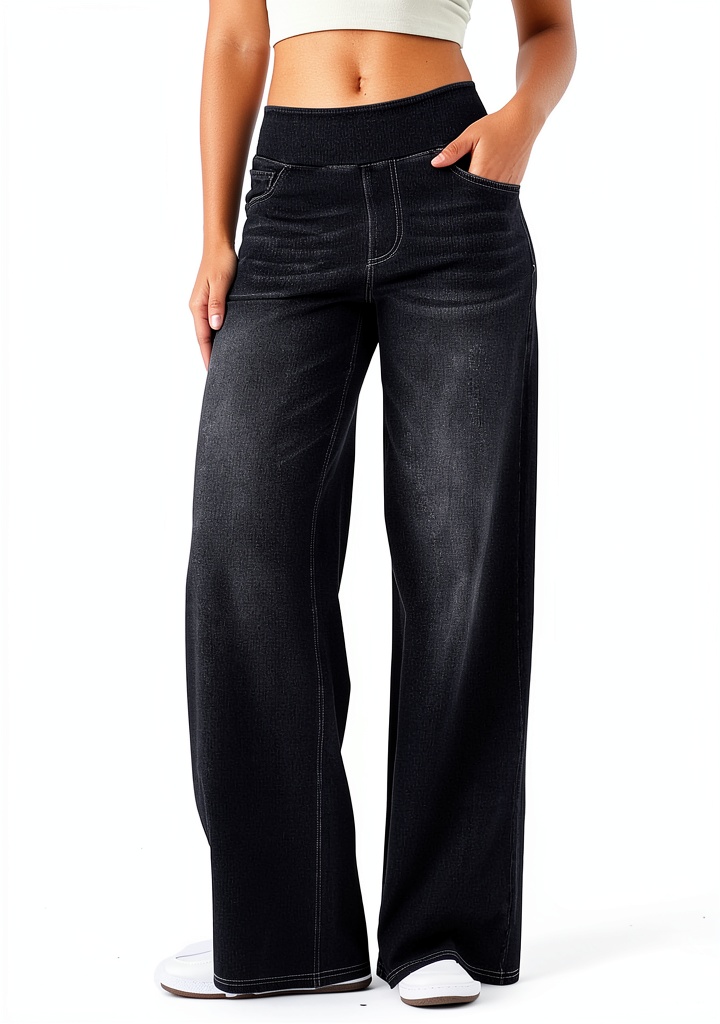 LaiEr Damen Denim Hose in Mediumbluelightvintage Farbe, zeigt weites Bein und hohe Taille